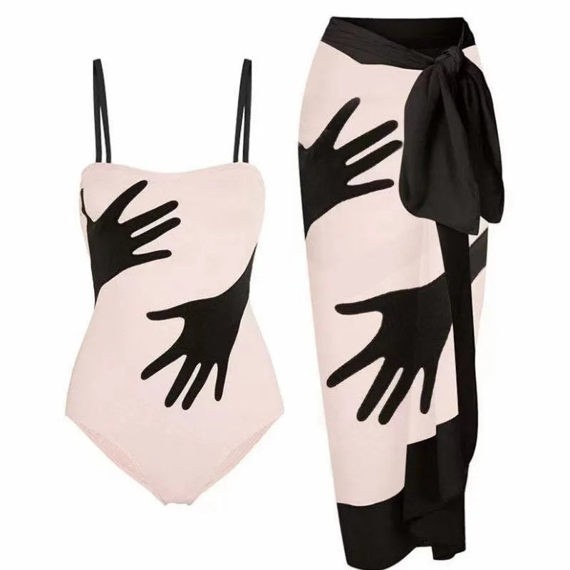 Women's one-piece bikini swimsuit with a gauze skirt attached, shown on a model.