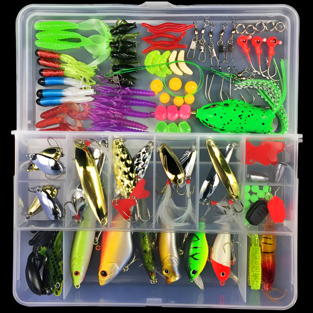 Fishing lure suit in PP plastic tackle box containing colour thread and thunder frog lures