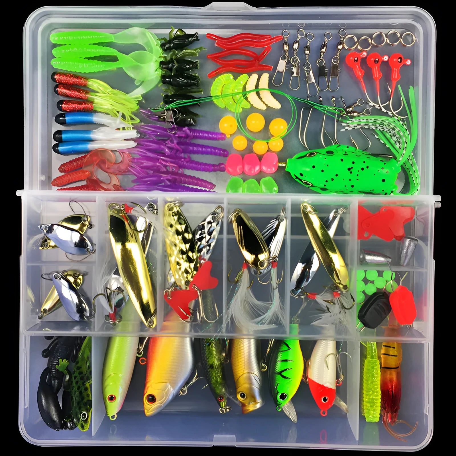 Fishing lure suit in PP plastic tackle box containing colour thread and thunder frog lures