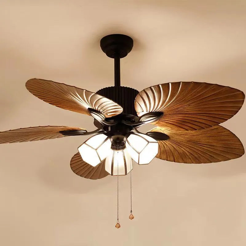 52-inch retro-style ceiling fan light with wooden blades and integrated LED lighting