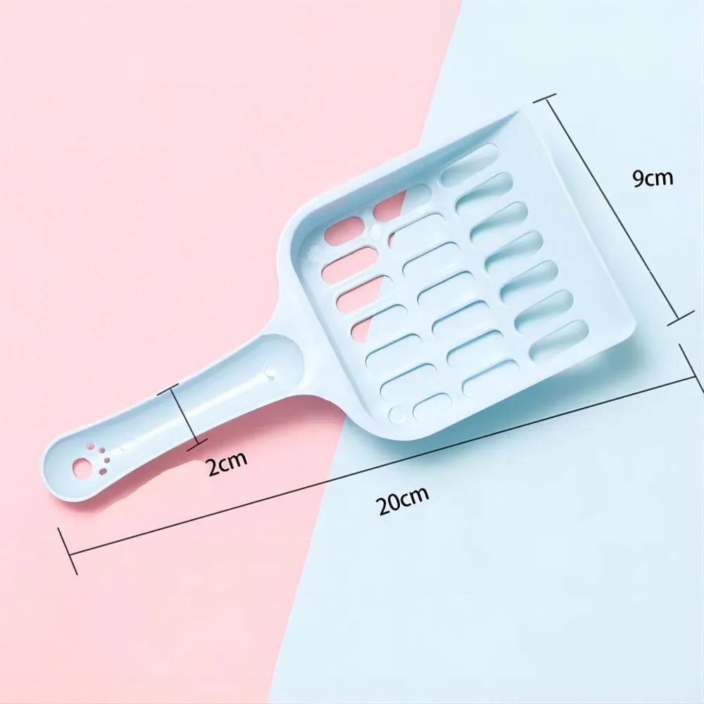 Plastic cat litter scoop in blue, green, or pink colour measuring 20cm long