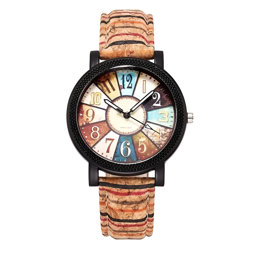 Casual women's wrist watch with leather strap showing 37mm round dial and stainless steel buckle