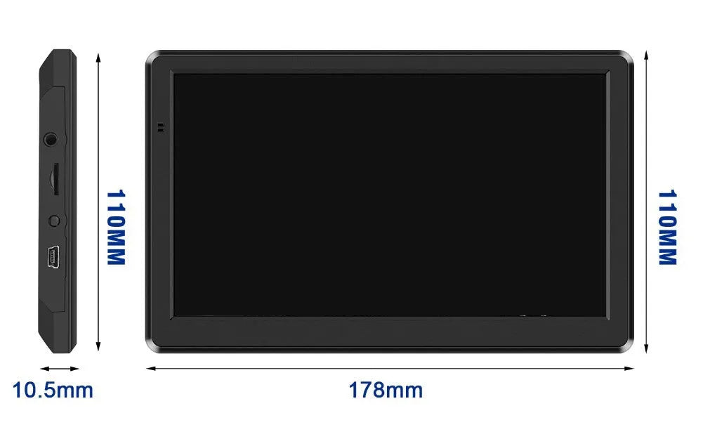 Black portable car GPS navigation device with 7-inch touch screen mounted on a bracket.