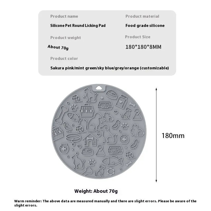 Round silicone pet licking mat with textured surface and suction cups in various colours