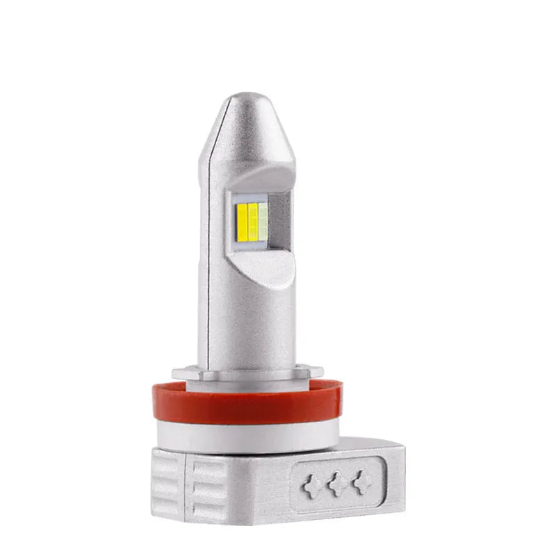 Single LED fog lamp bulb with aluminium housing and multiple connector adapters on a white background.