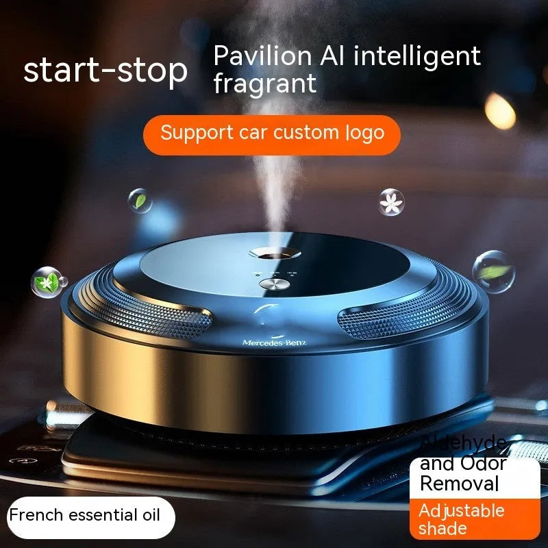 Automatic car air freshener diffuser with zinc alloy shell, three fragrance oils, and USB charging cable