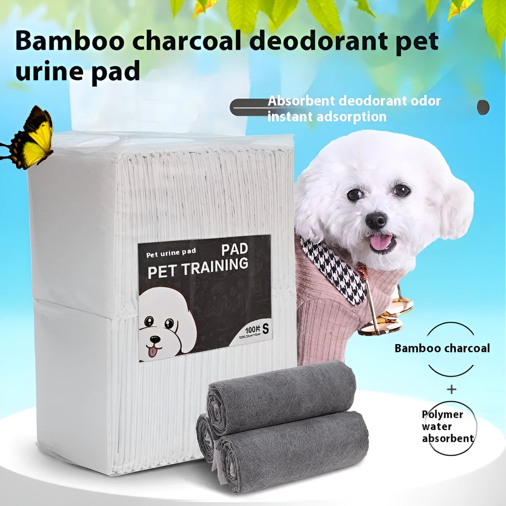 Pack of white pet urinal pads showing layered construction and multiple sizes for dogs and cats.