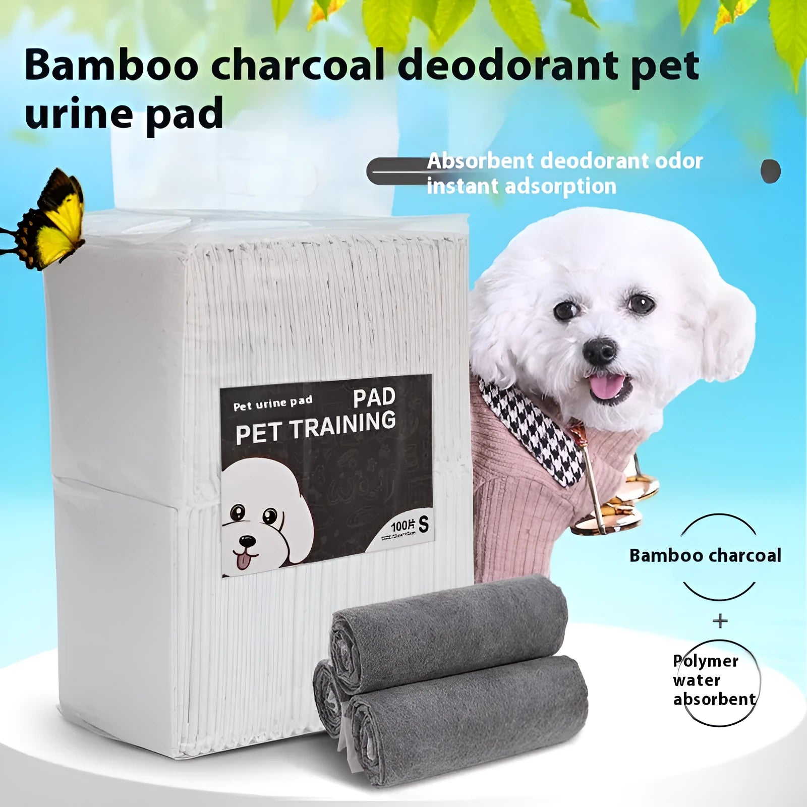 Pack of white pet urinal pads showing layered construction and multiple sizes for dogs and cats.