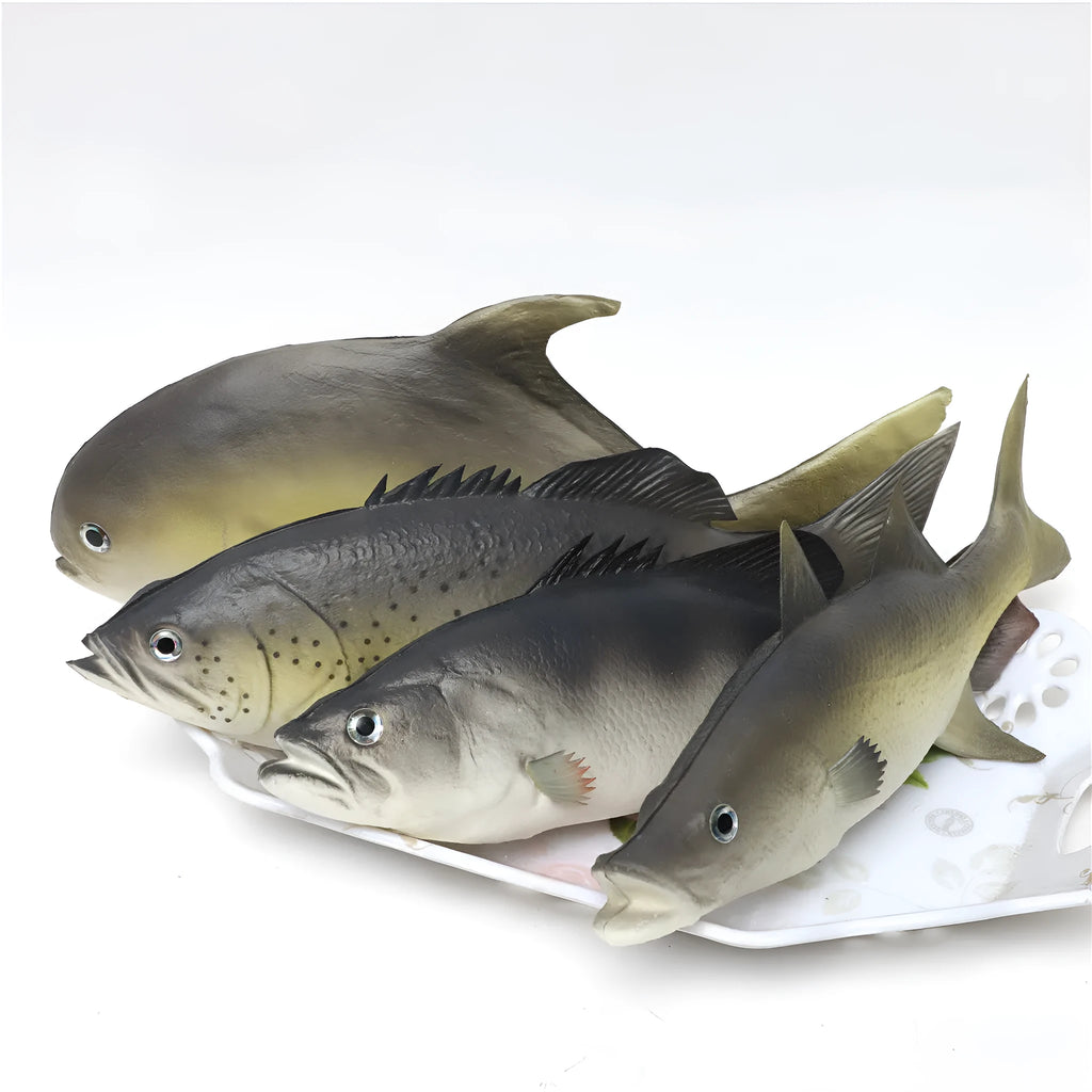 PU simulated fish ocean animal model toys including yellow-fin tuna, flower fish, and yellow croaker ornaments