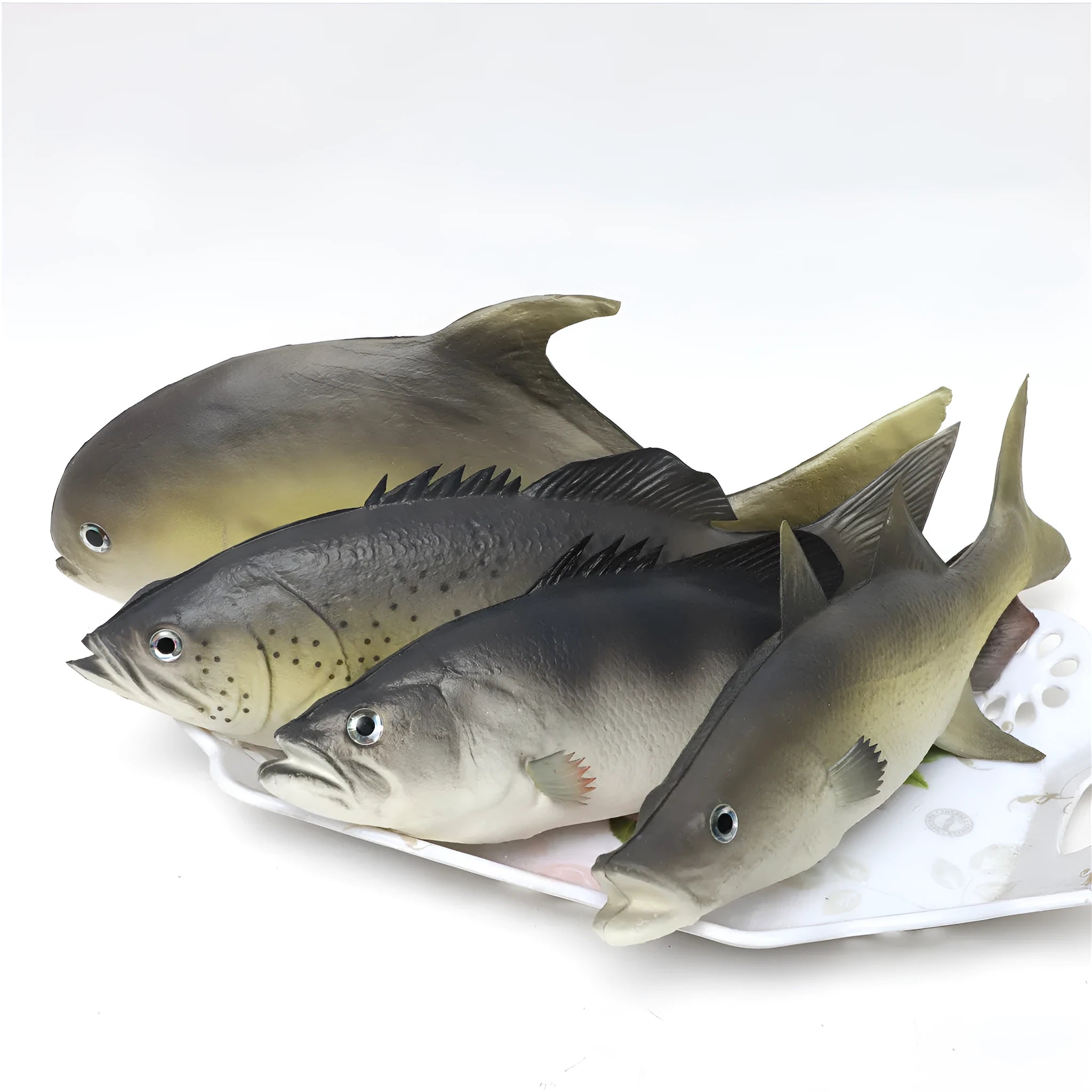 PU simulated fish ocean animal model toys including yellow-fin tuna, flower fish, and yellow croaker ornaments
