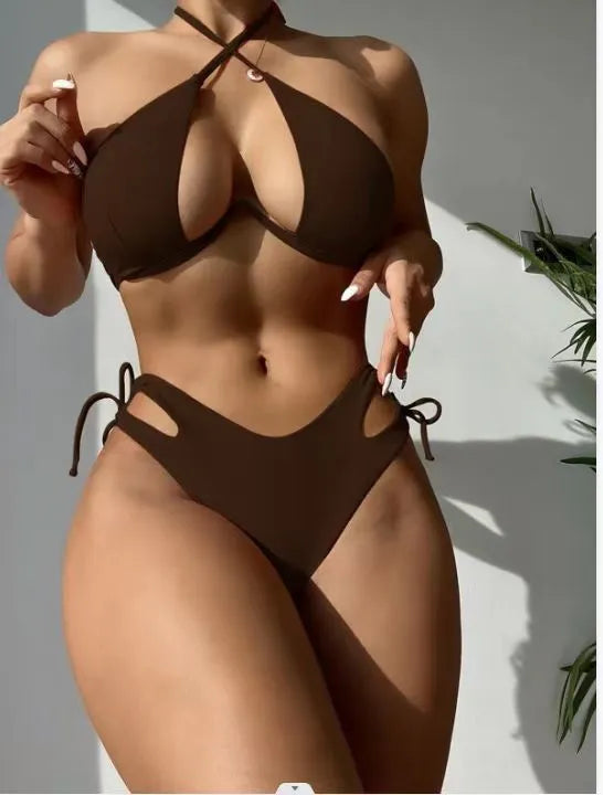 Brown women's halter-neck bikini top and briefs bottom on a mannequin.
