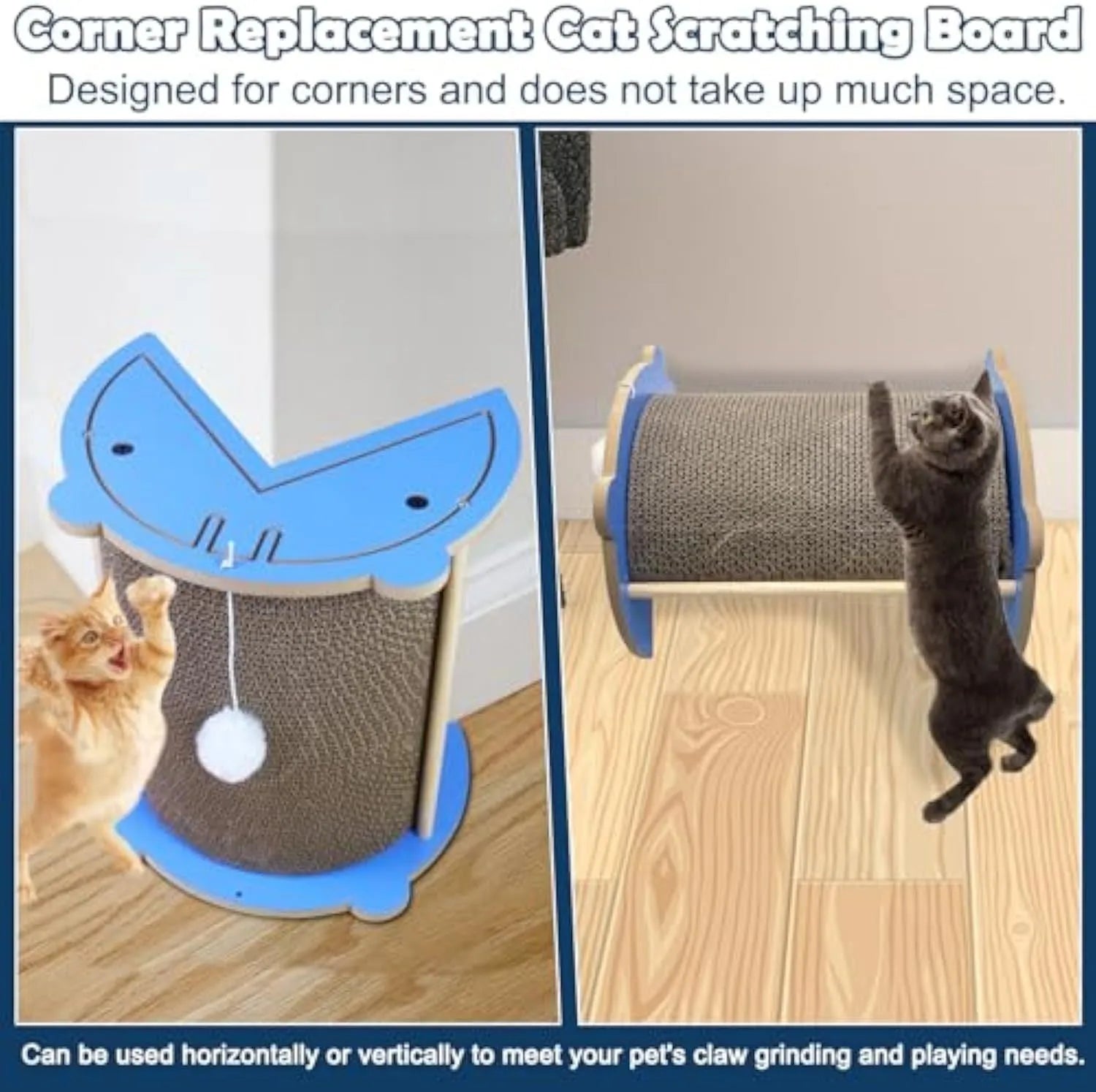 Triangular cardboard cat corner scratcher with hanging ball toy against wall