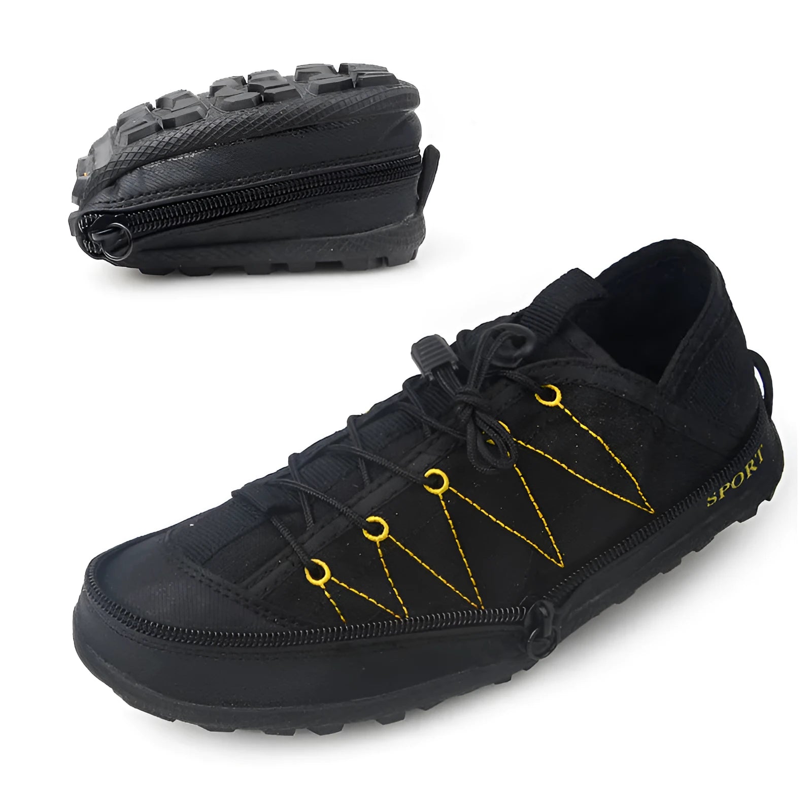 Orange, black, and grey folding outdoor shoes with a side zipper and mesh upper.