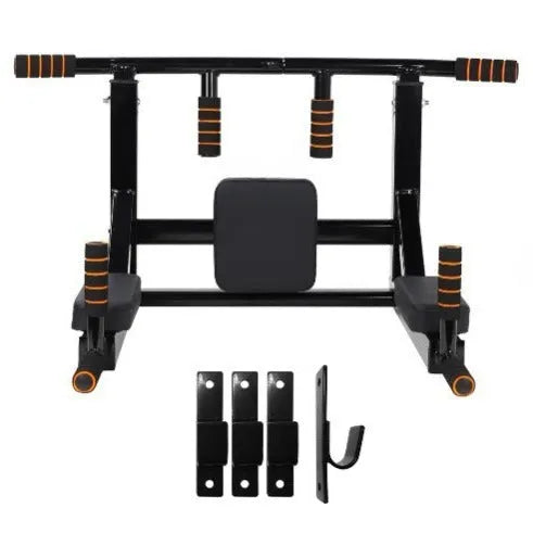 Black wall-mounted fitness rack with sandbag holder and single parallel bars for strength training
