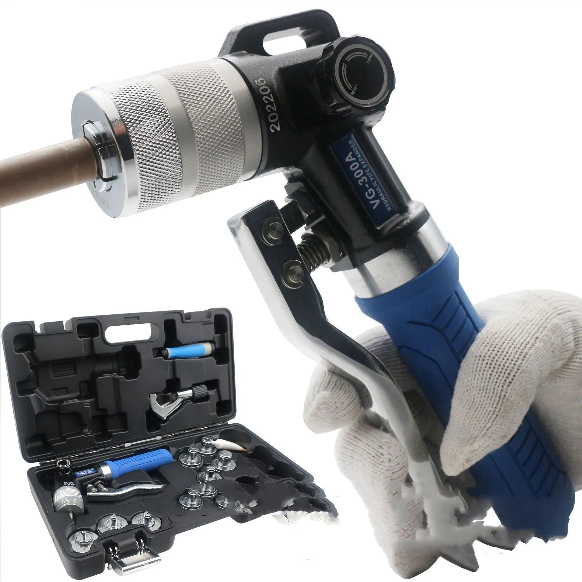 VG-300 style hydraulic tube expander tool for refrigeration maintenance made from high-strength alloy steel.