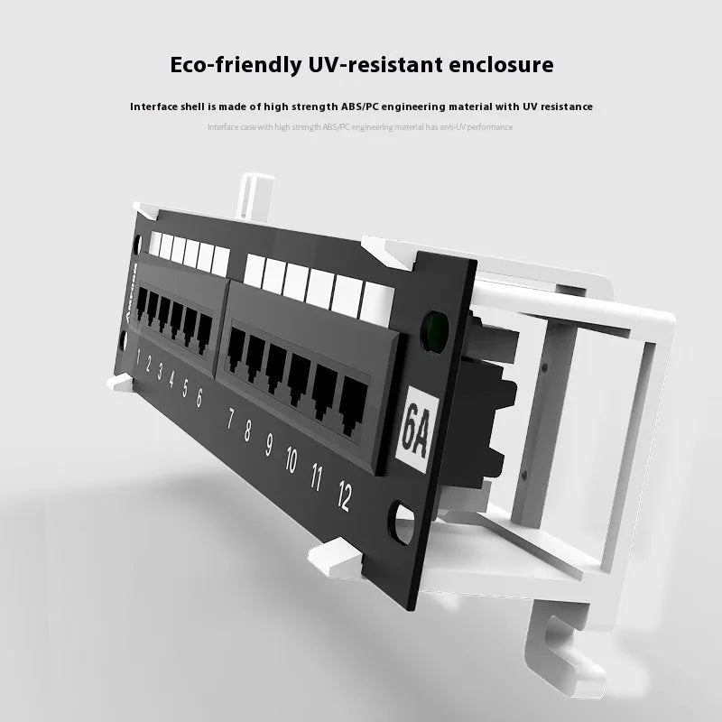 Black 12-port unshielded network distribution frame with rear hook bracket
