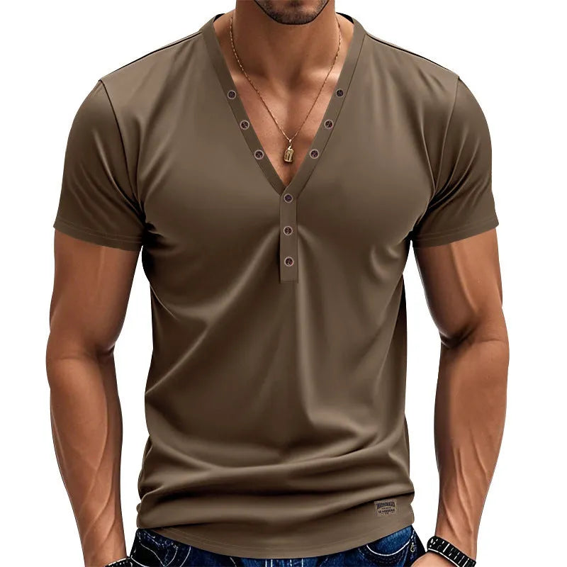 Men's loose V-neck pullover top in light blue with button detail, shown for sports casual wear.
