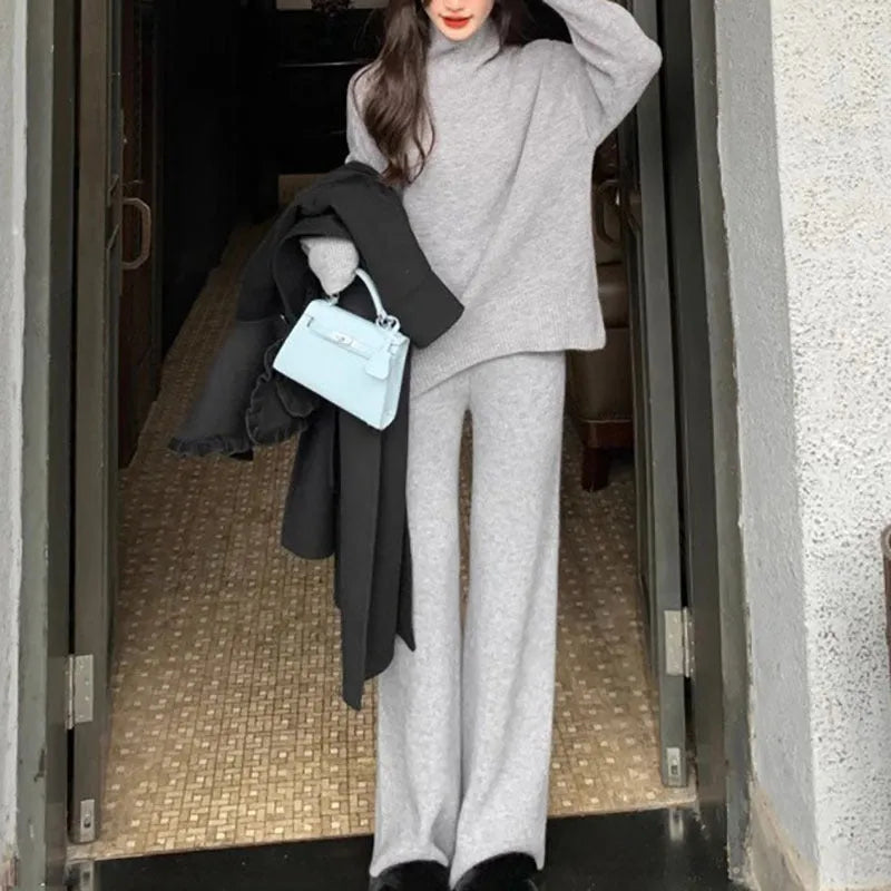 Women's beige acrylic fibre sweater and wide leg pants two-piece casual set