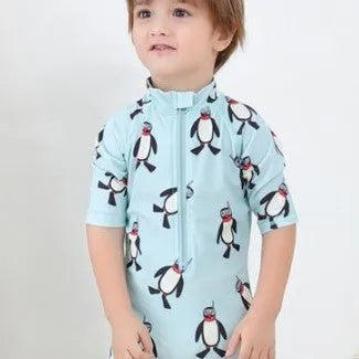 Boys penguin print long sleeve one-piece swimsuit with matching swim cap on size chart