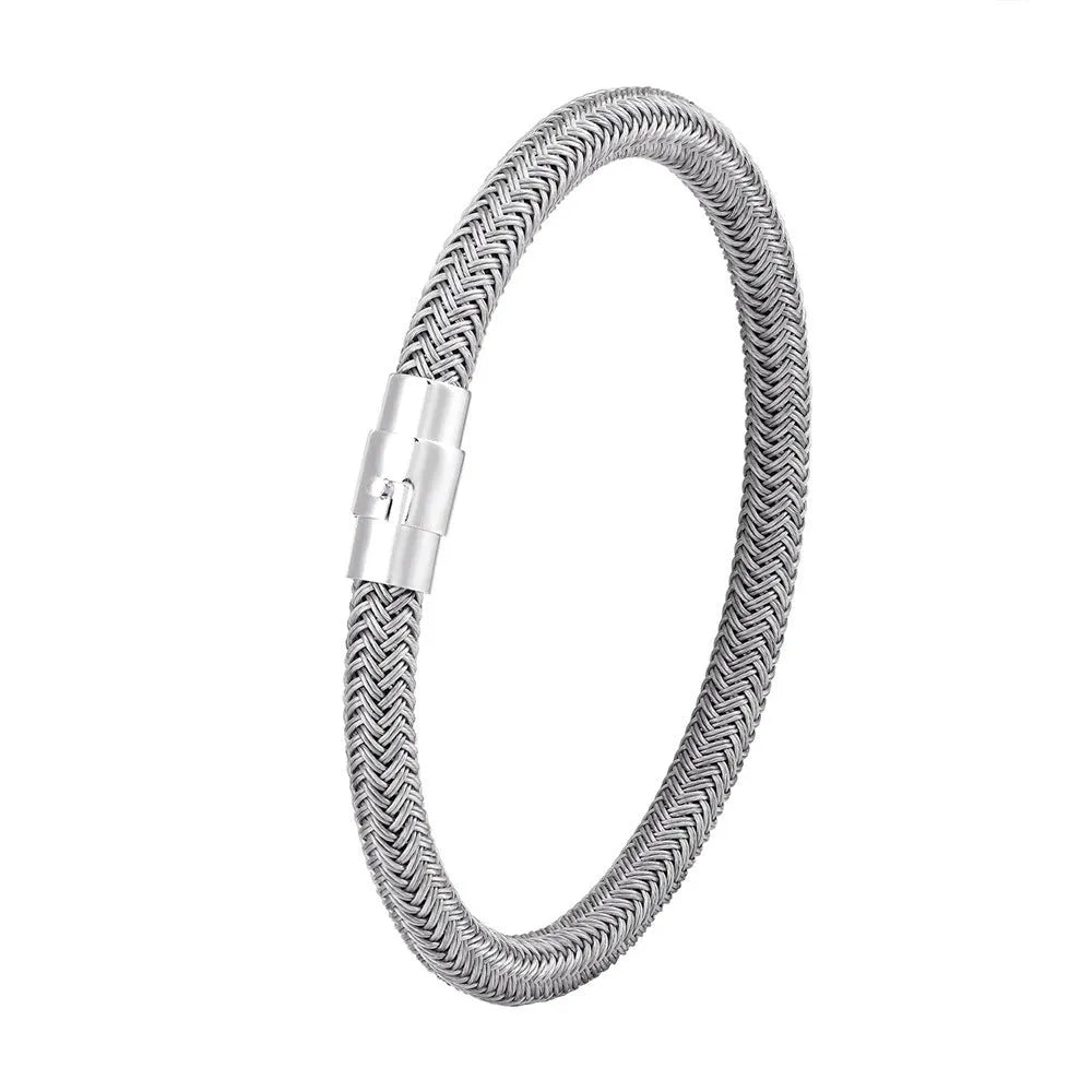 Men's silver titanium steel geometric bracelet with a magnetic clasp, shown in a 21cm size.