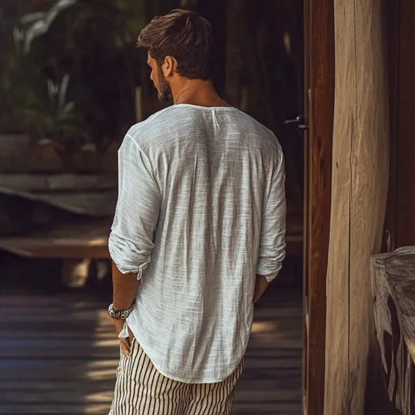 Beige V-neck long-sleeved T-shirt with slim fit made from hemp blend polyester fabric