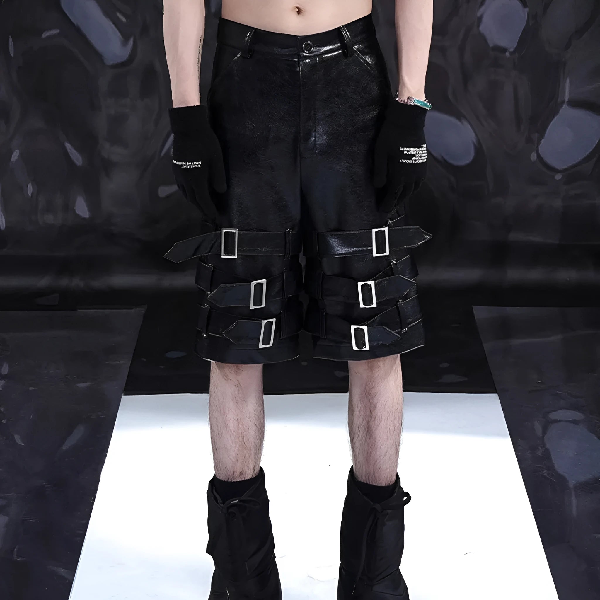 Men's black PU leather cropped shorts with leather ring detailing on leg