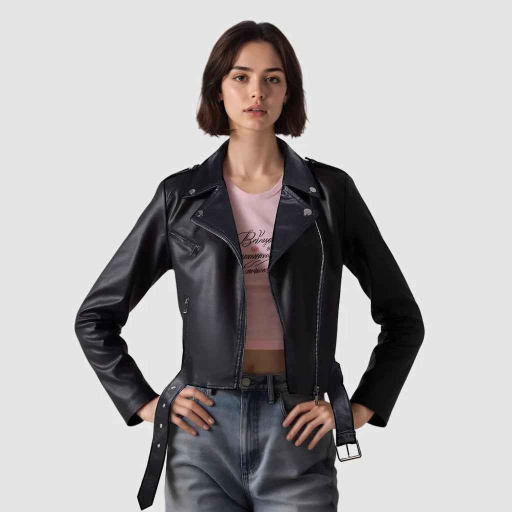 Women's red PU leather jacket with a lapel collar and a short black belt fastened at the waist.