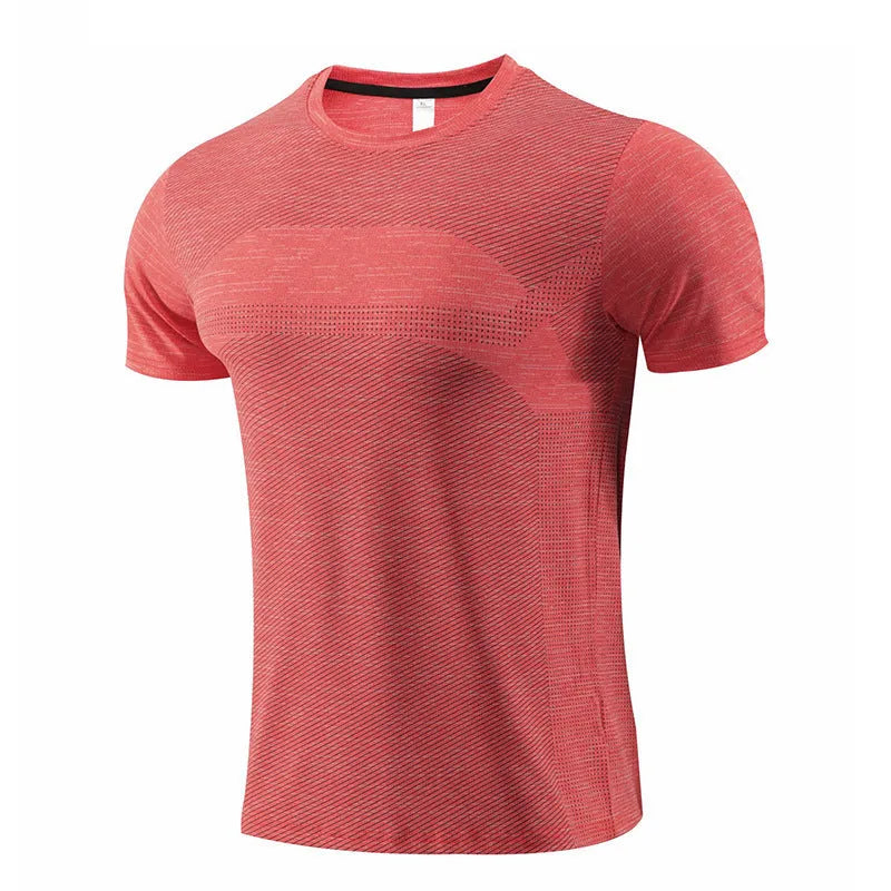 Men's short sleeve sports t-shirt in polyester spandex for running and basketball workouts.