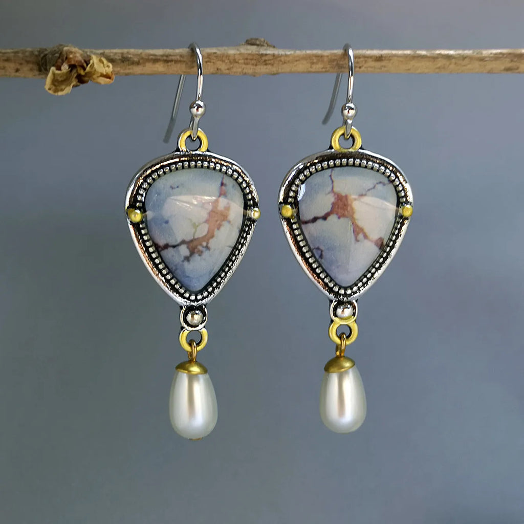 Retro blue drop earrings with geometric design measuring 49mm long, featuring synthetic opal and pearl elements