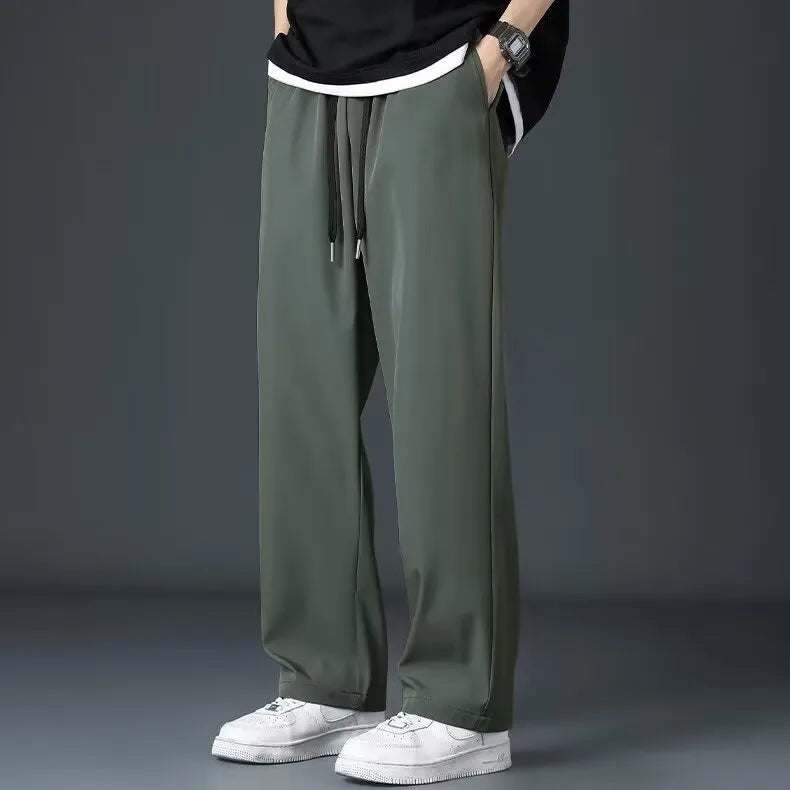 Men's ice silk summer thin high street drooping straight wide leg pants in khaki colour showing full-length relaxed fit