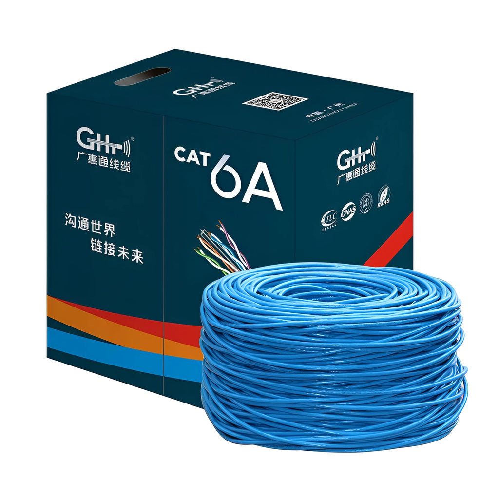 A 305-metre reel of blue Category 6 network cable with oxygen-free copper core, with cable end showing twisted pairs.