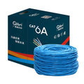 A 305-metre reel of blue Category 6 network cable with oxygen-free copper core, with cable end showing twisted pairs.