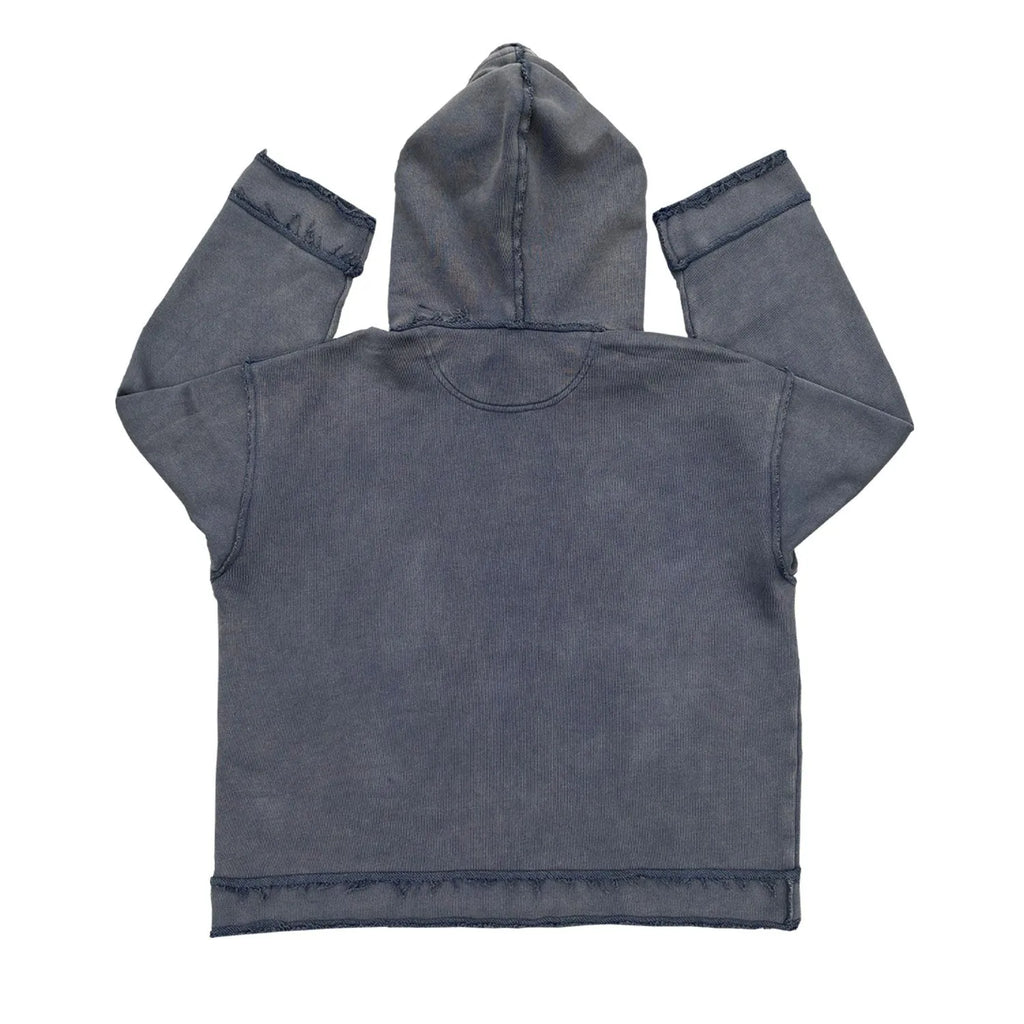 Dark blue hooded sweater with 'The Sun Also Rises' text printed on the back.