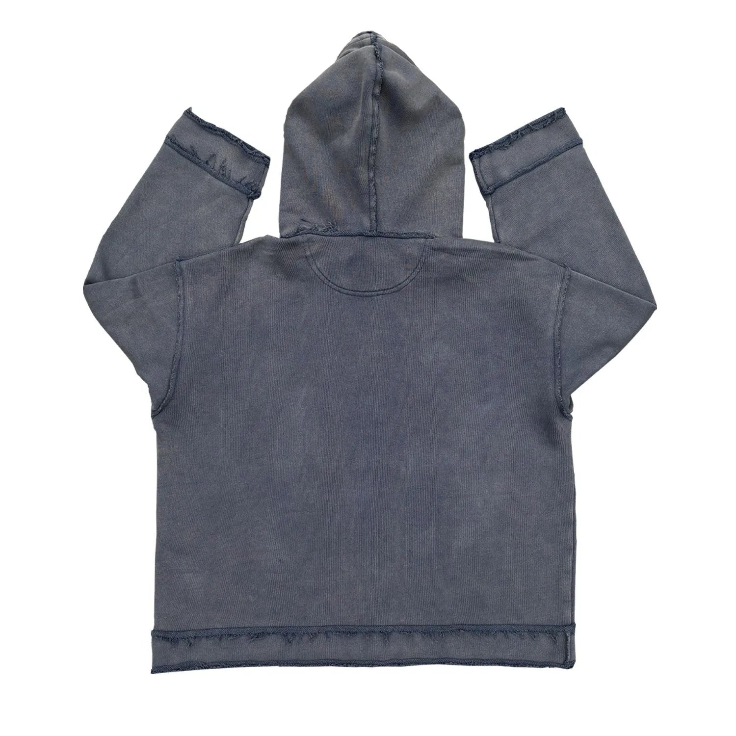 Dark blue hooded sweater with 'The Sun Also Rises' text printed on the back.