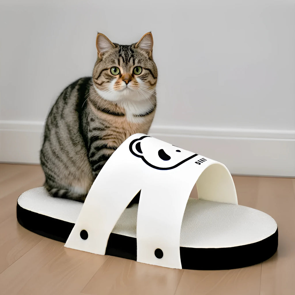 White slipper style cat scratch board made from corrugated cardboard