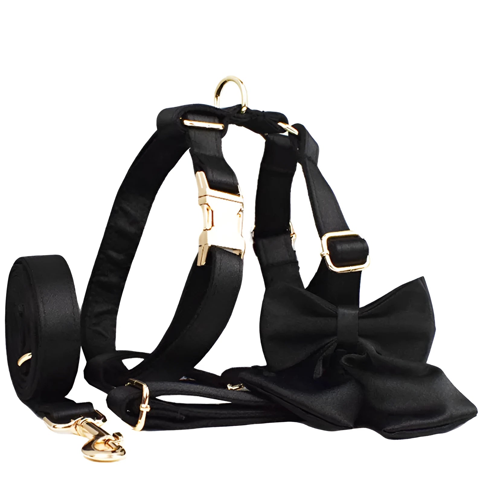 Complete dog walking set showing collar, leash, decorative bow, and vest piece in coordinated colours