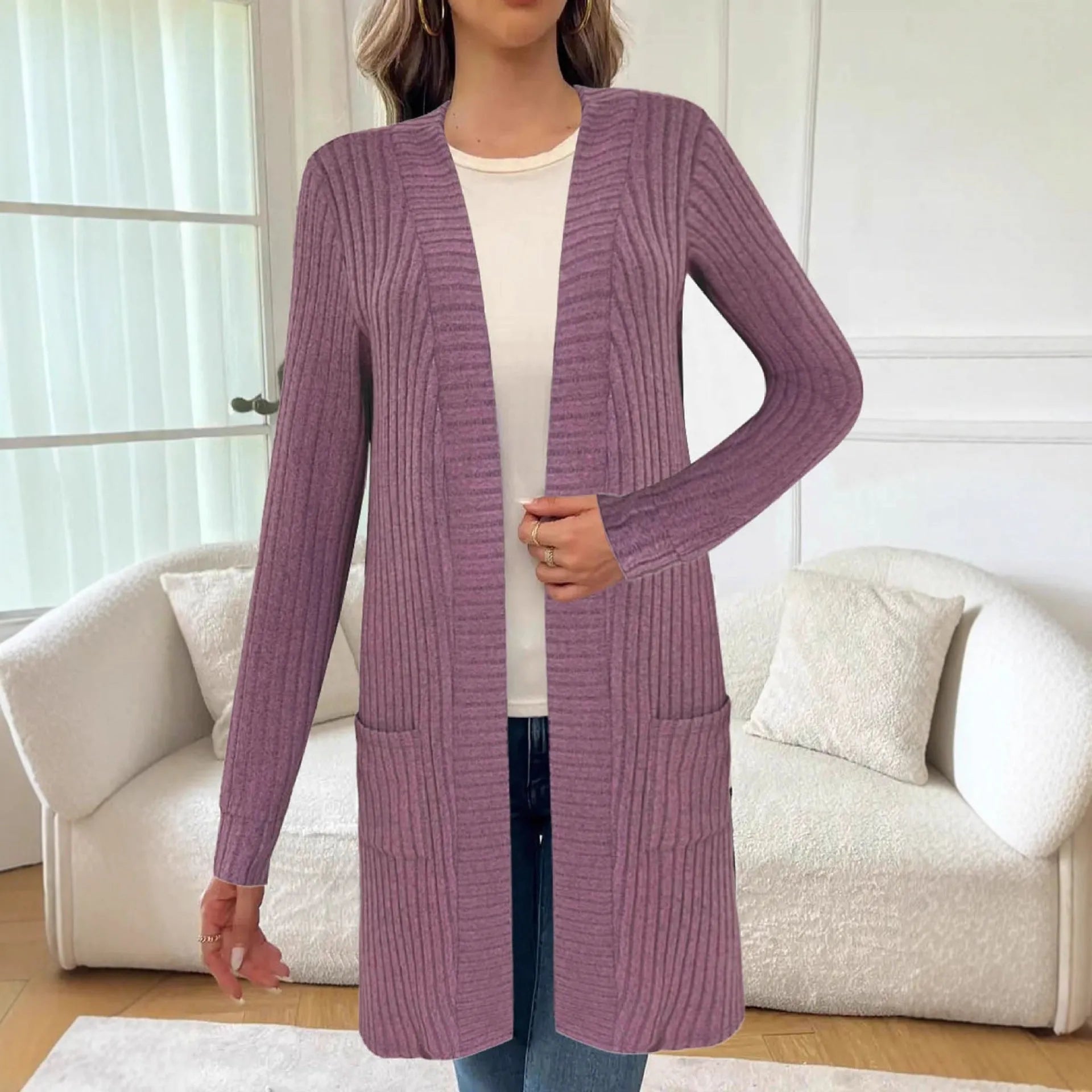 A loose-fitting long sleeve knitted cardigan jacket with pockets, shown in black, wine red, and grey colours.