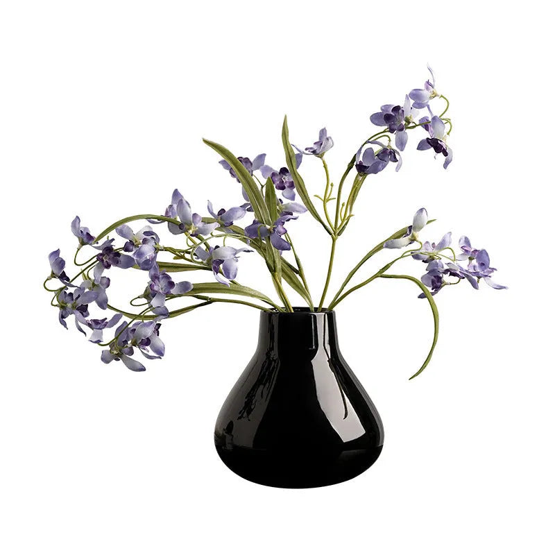Ceramic round belly French vase with coloured glaze finish and fabric flowers in black or white option