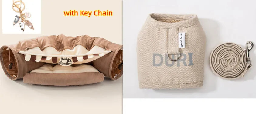 Collapsible cloth cat tunnel showing bar colour option with dimensions 45cm by 50cm by 22cm