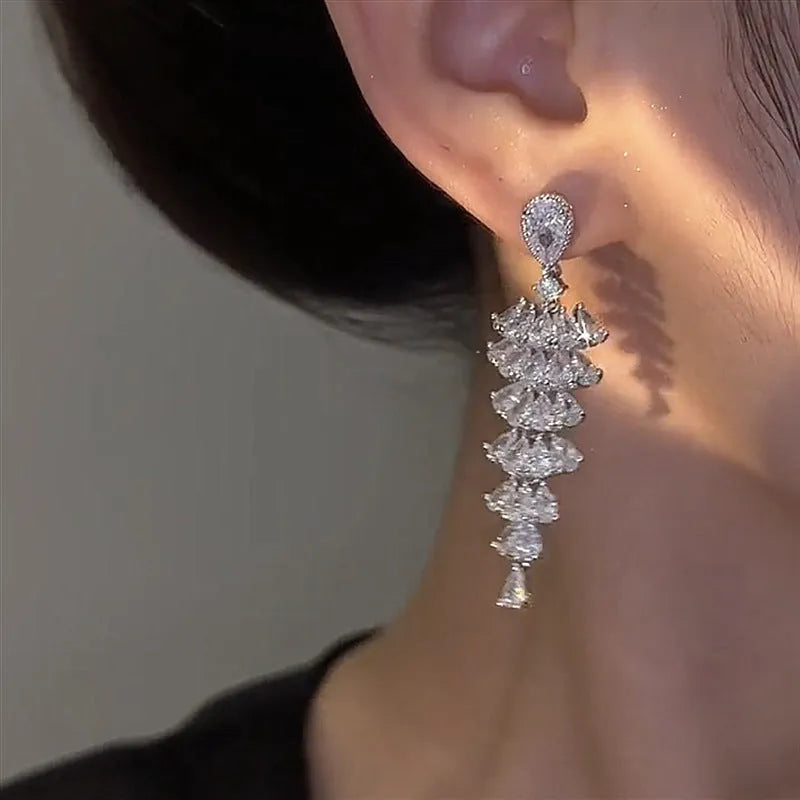 Silver pagoda Christmas tree drop earrings with sparkling zircon crystals on copper stud fittings