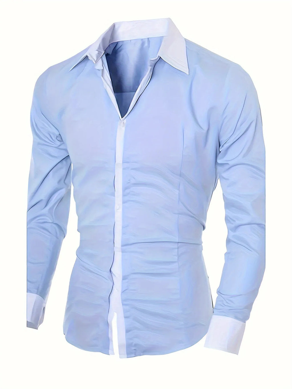 Blue long-sleeved business shirt for teenagers with white contrast collar and cuffs