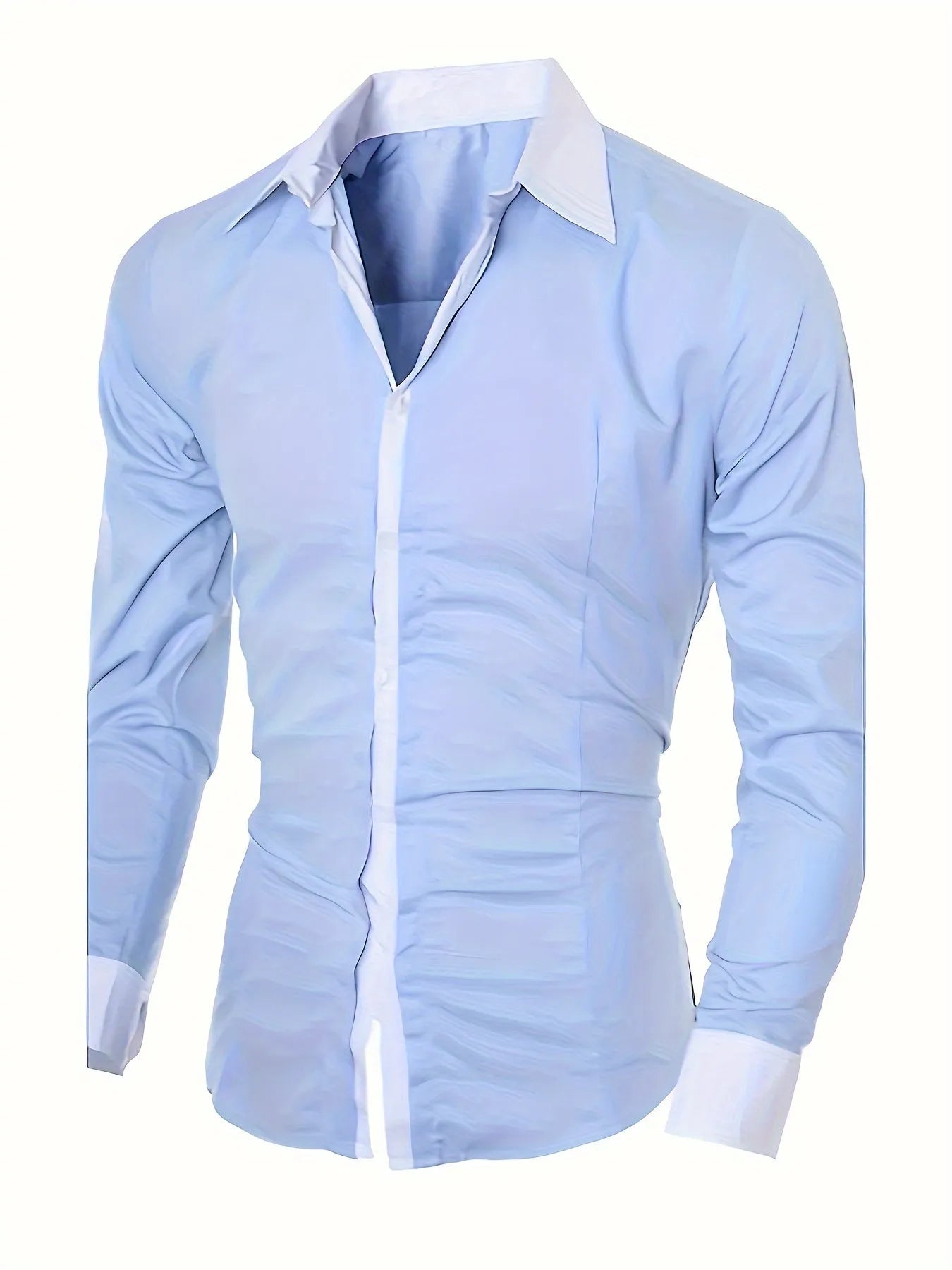 Blue long-sleeved business shirt for teenagers with white contrast collar and cuffs