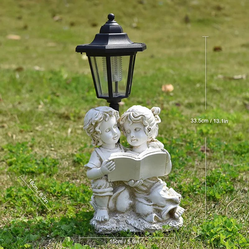 Hexagonal solar garden lamp with decorative resin animal design in outdoor setting