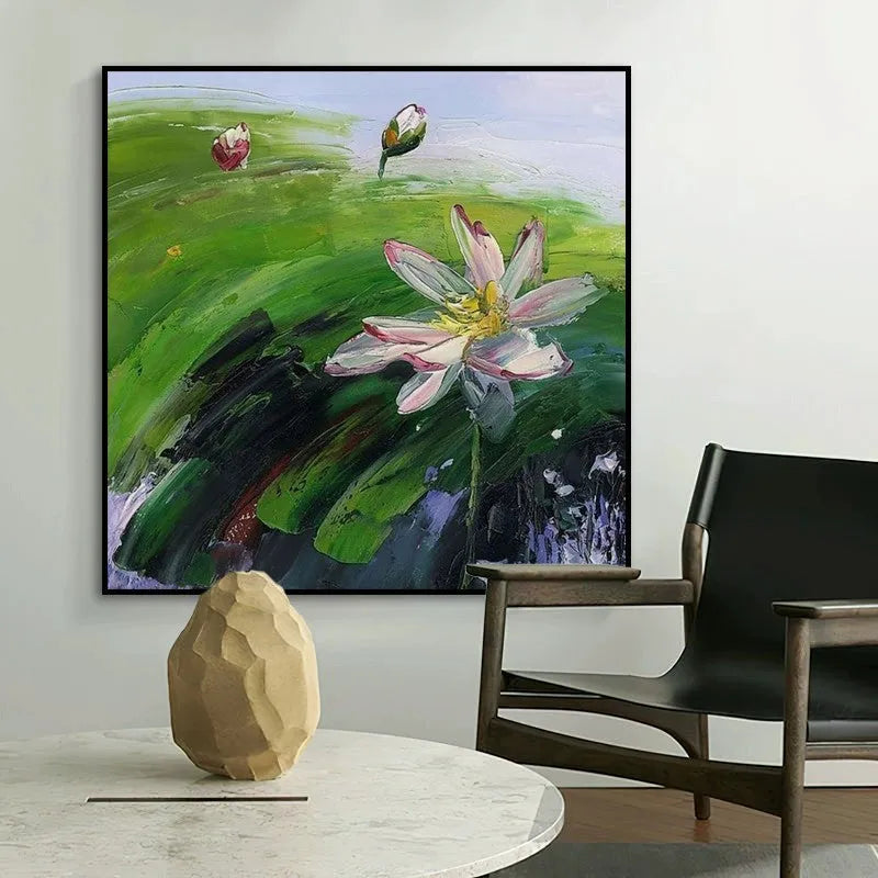 Hand-painted abstract rural landscape oil painting with lotus flowers on square canvas, modern style