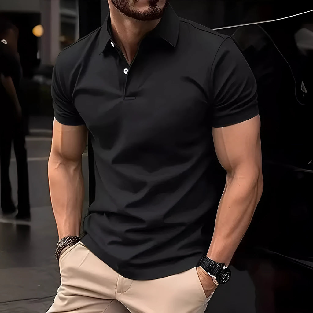 Men's slim fit short sleeve button shirt in a solid colour on a hanger.