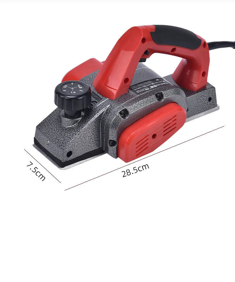 Red desktop electric wood planer with 82mm width and aluminium housing