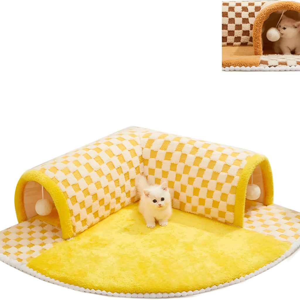 Brown plush plaid cat tunnel bed with central mat showing tunnel opening and non-slip bottom