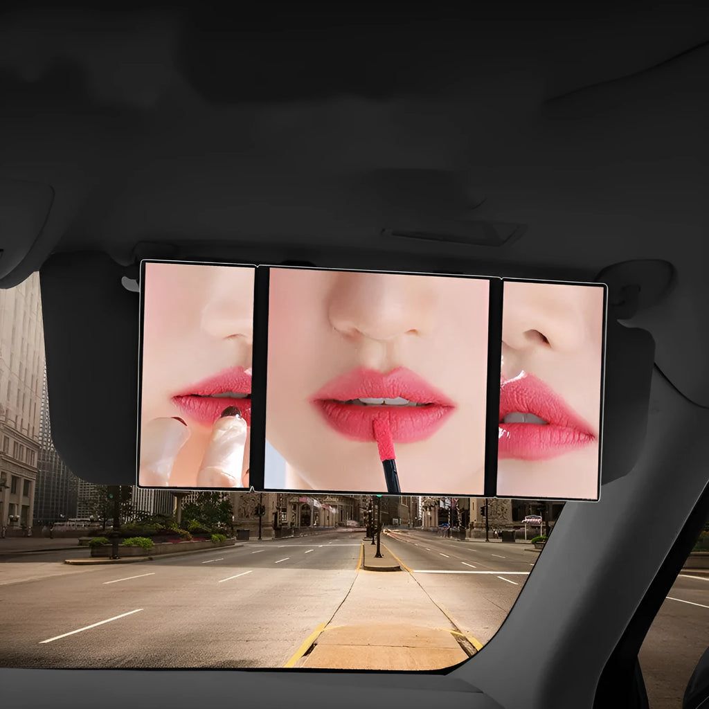 Silver folding car visor makeup mirror shown both open and closed.