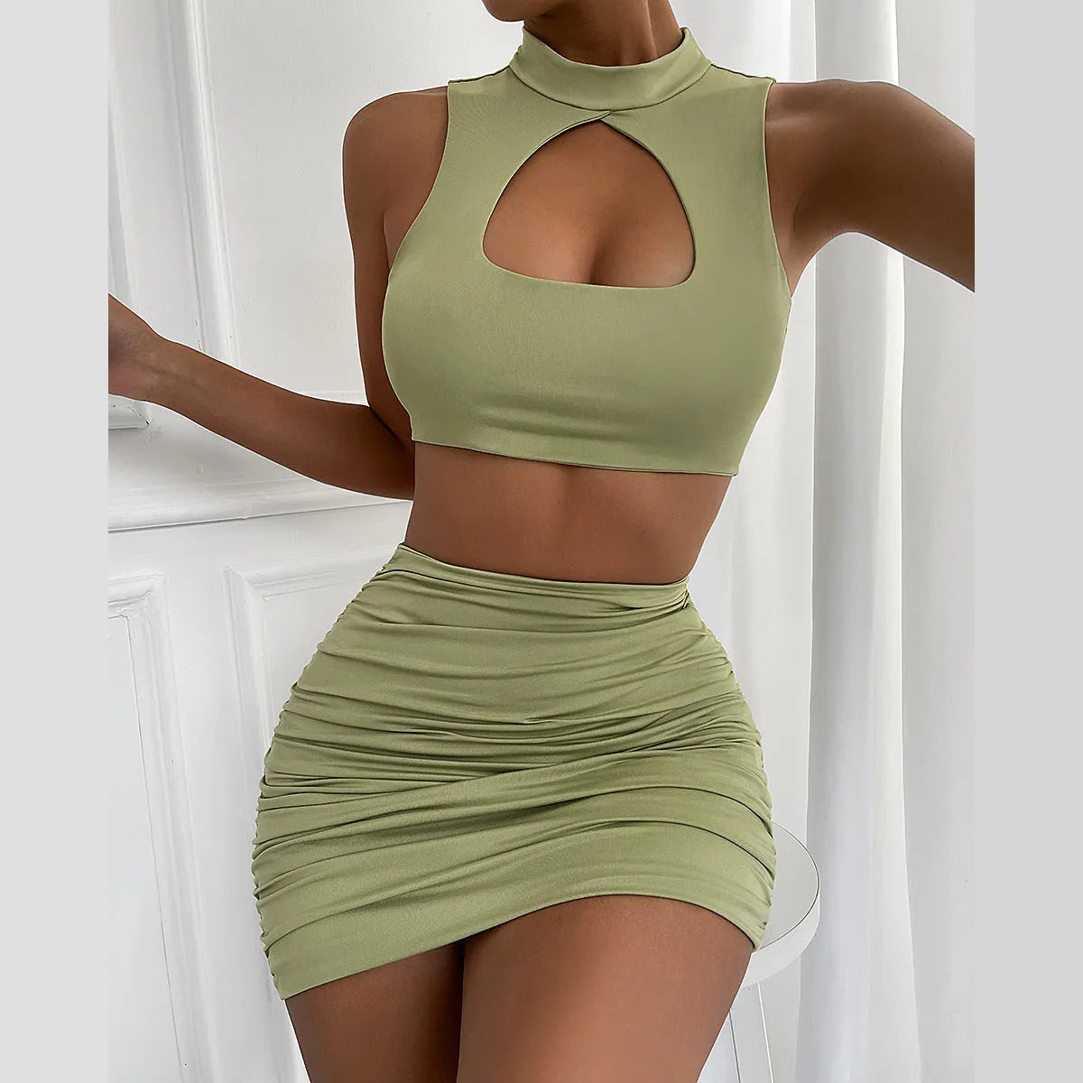 Women's light purple elastic polyester cutout vest and matching split hip skirt two-piece set