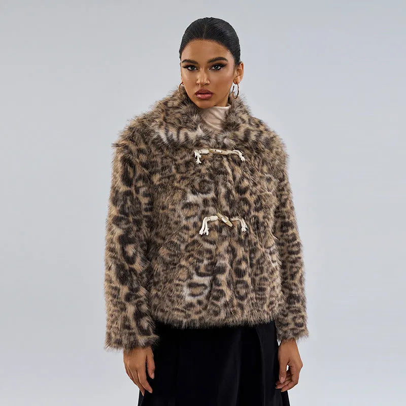 Women's leopard print polyester coat with a buckle detail on the lapel.